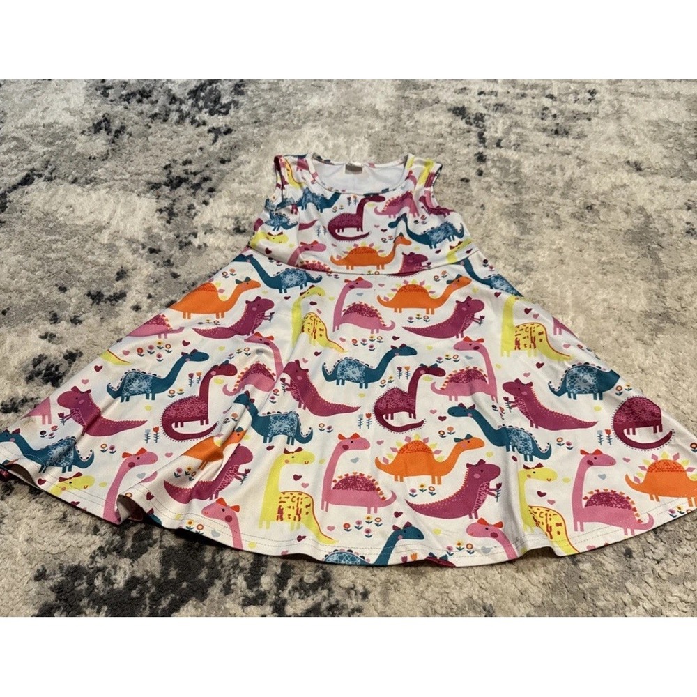 Funnycokid Girls Rainbow Dinosaur Sun Dress Sleeveless White Multi Size 6 M